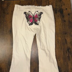 Dolls Kill Y2K Butterfly Sequin Flare Jeans - White Size Small